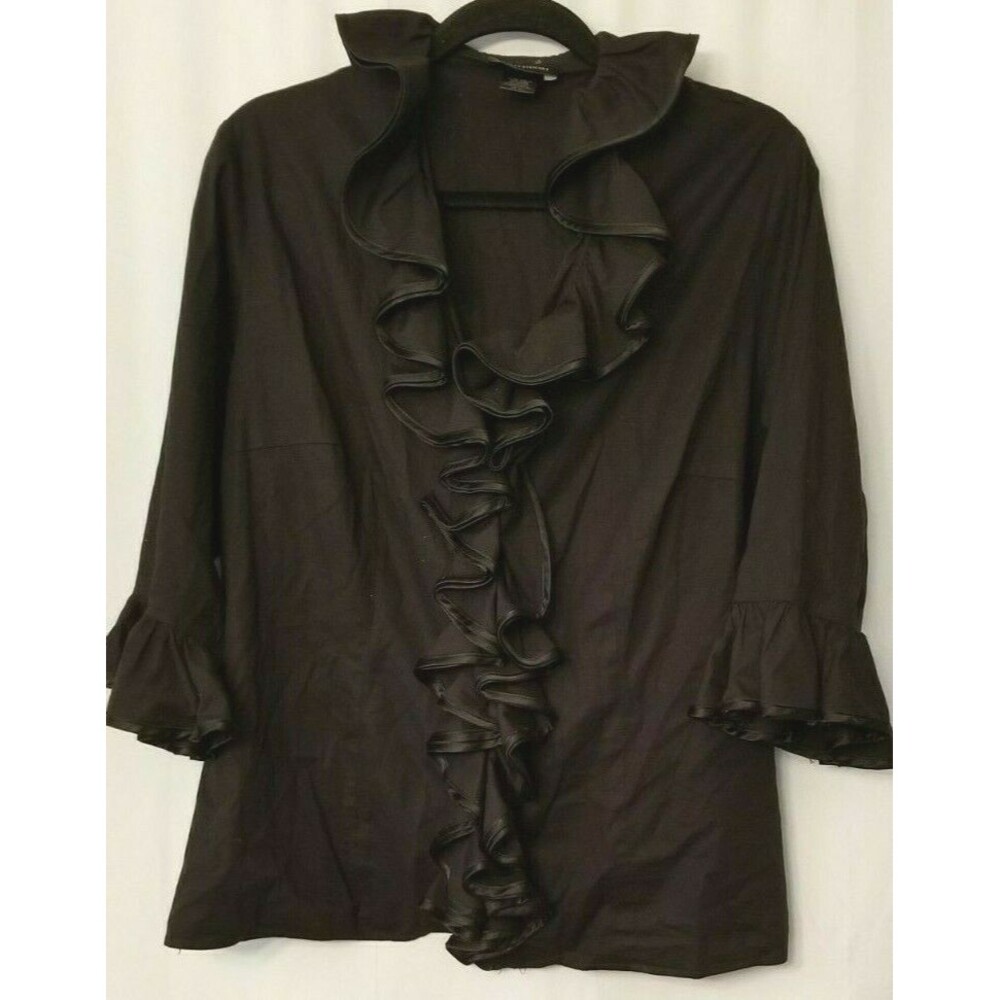 Ashley Stewart Top Blouse Black Ruffle Blouse Full Zip 3/4 Sleeve Size 14W